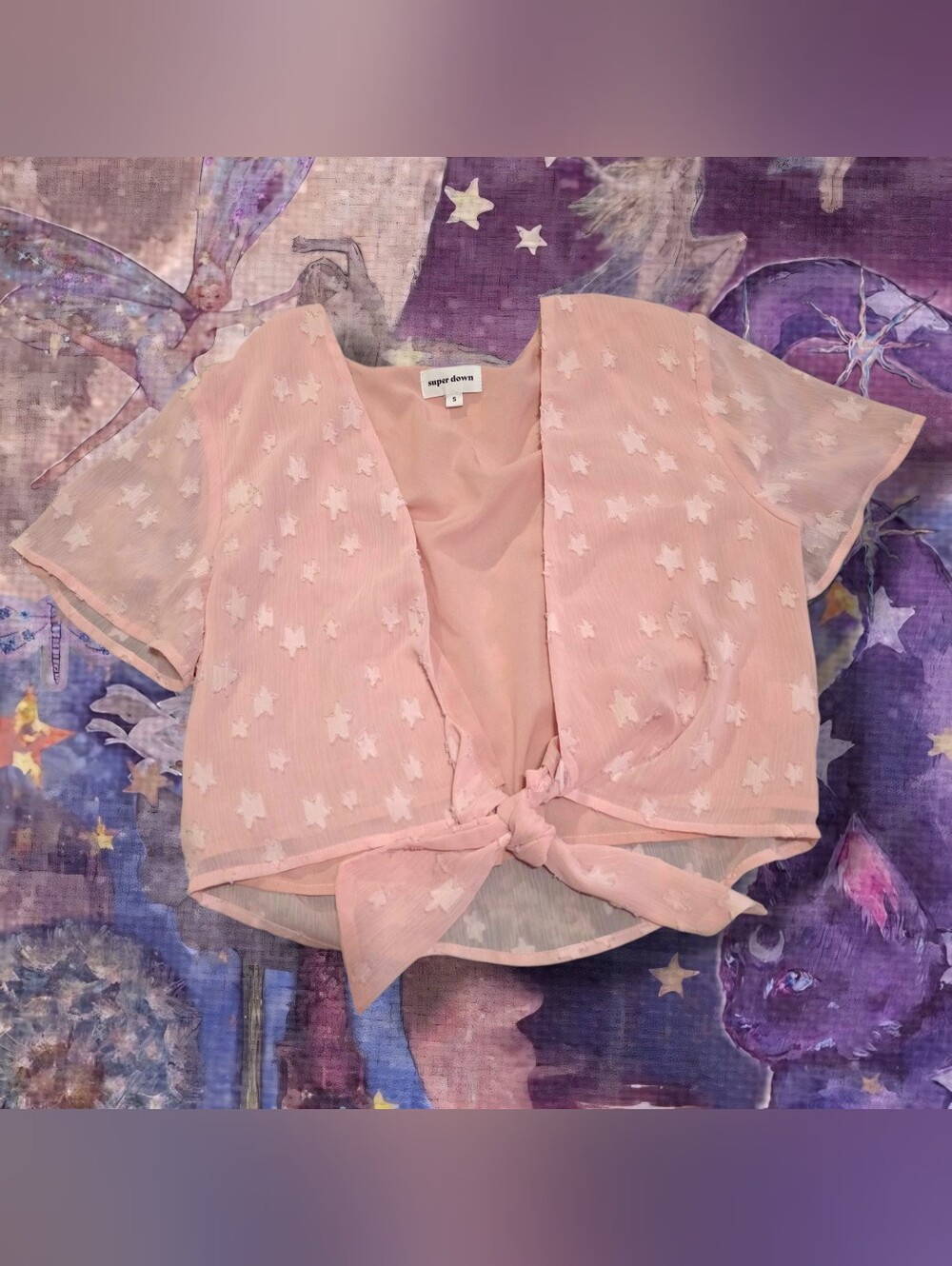 superdown Pink Star-Embroidered Tie-Front Sheer Crop Top